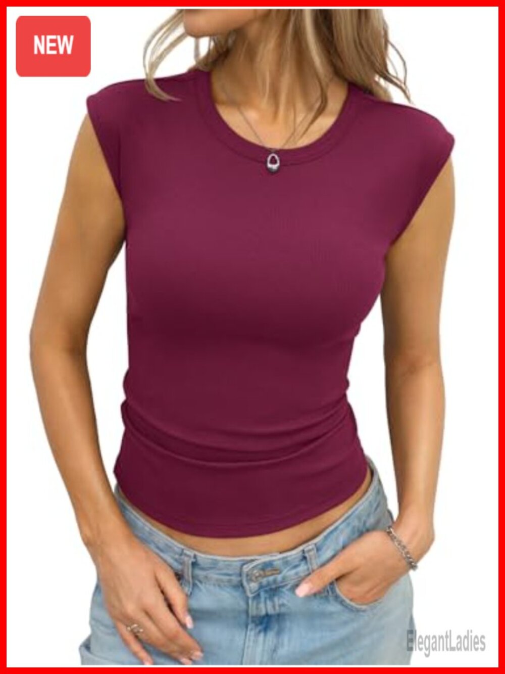 Womens Cotton Ribbed Tank Top Cap Sleeve Crew Neck Fitted Shirt
